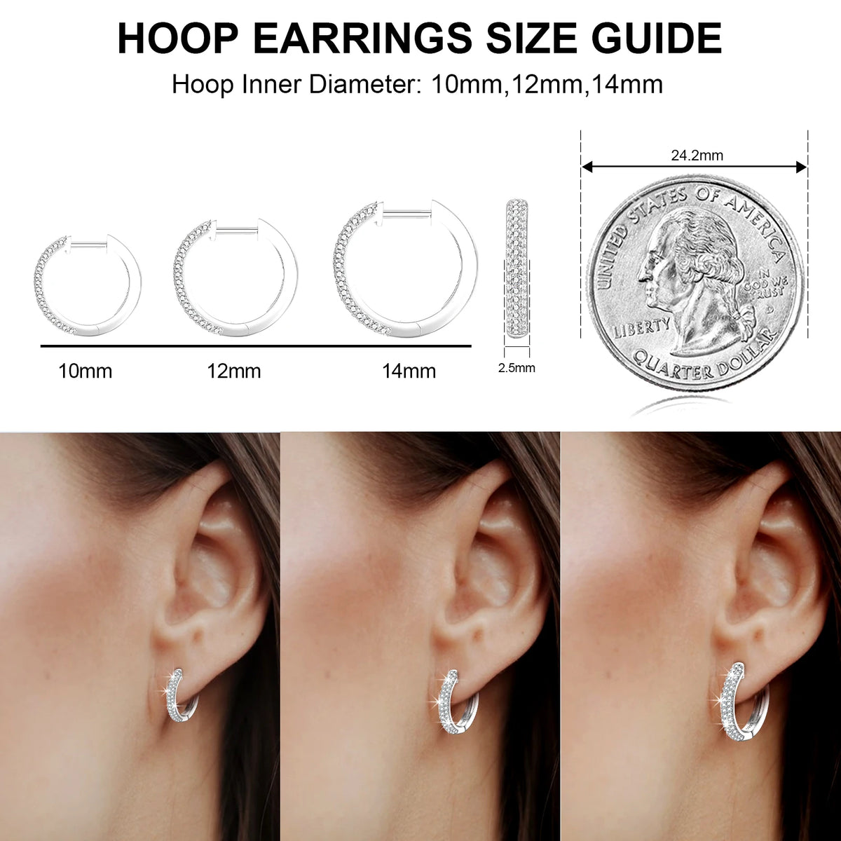 Moissanite Huggie Hoop Earrings, 10mm to 20mm in 925