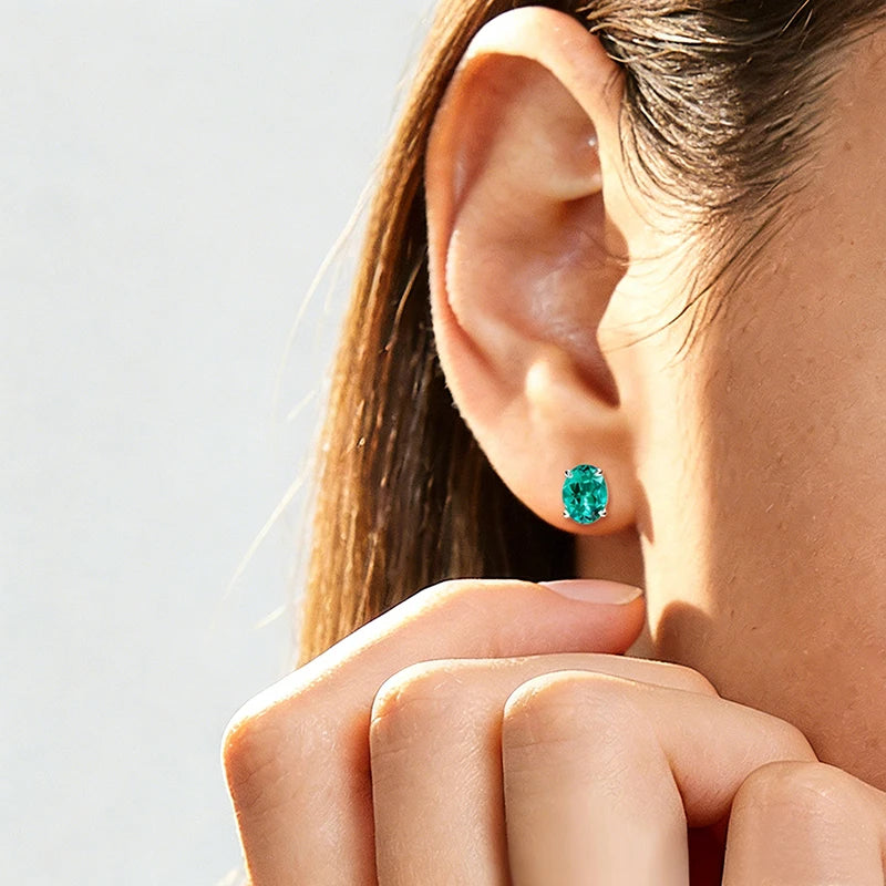 Oval Lab Emerald Stud Earrings, 1ct or 2ct, 18k Plated