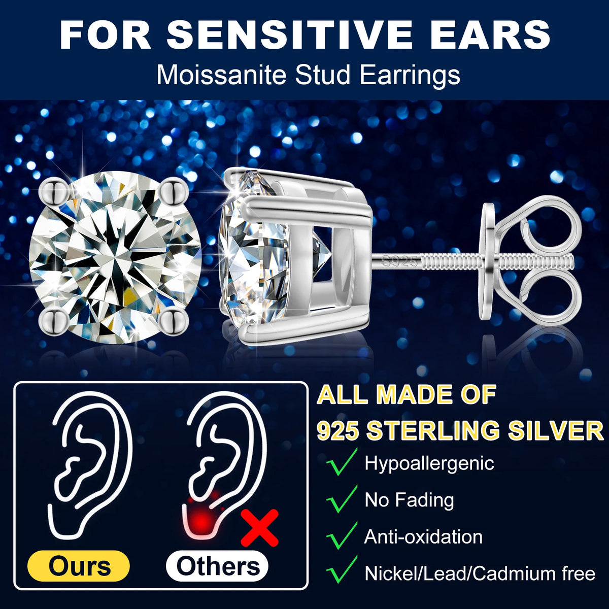 Screw Back Moissanite Studs, 0.1ct to 4ct in 925 Silver