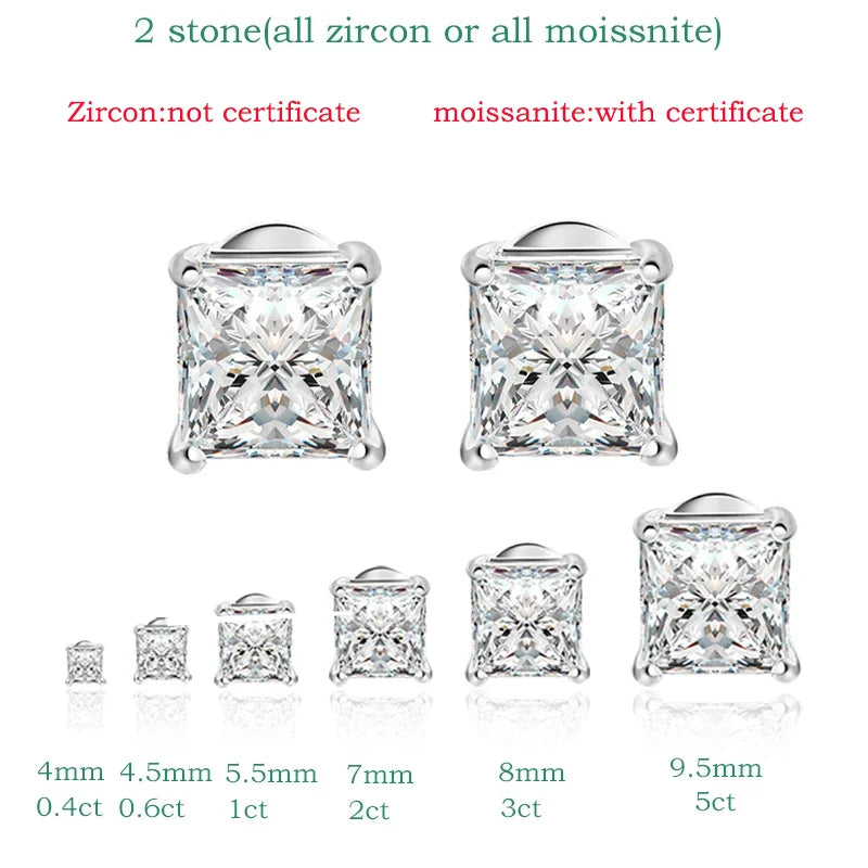 Princess Cut Stud Earrings, 0.4ct to 5ct in 925 Silver