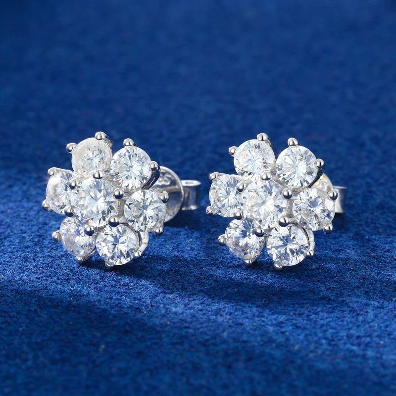 Moissanite Halo Cluster Stud Earrings in 925 Silver