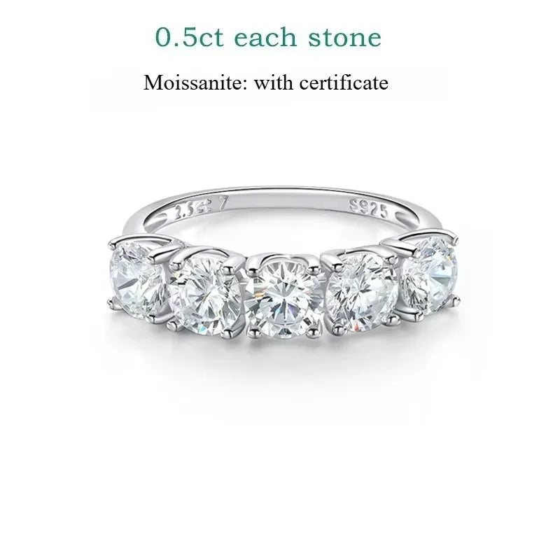 5 Stone Moissanite Ring, 2.5cttw or 5cttw in 925 Silver