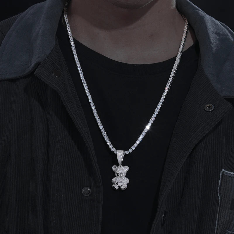 Moissanite Bear Pendant Necklace with Tennis Chain