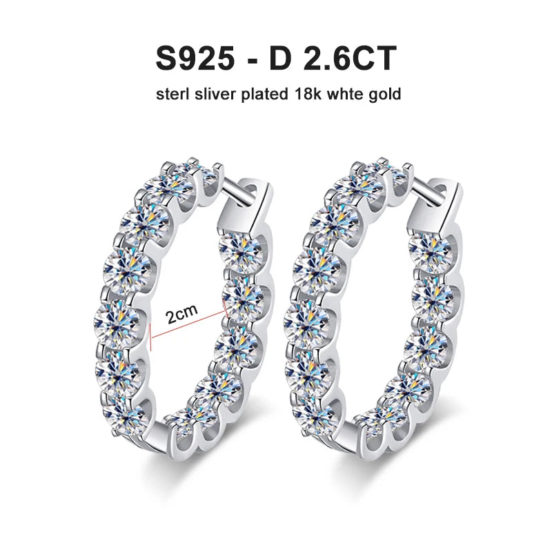 2.6ct Moissanite Hoop Earrings, 2cm or 3cm, 925 Silver