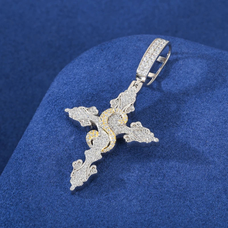 Iced Moissanite Cross Pendant Necklace, 925 Silver