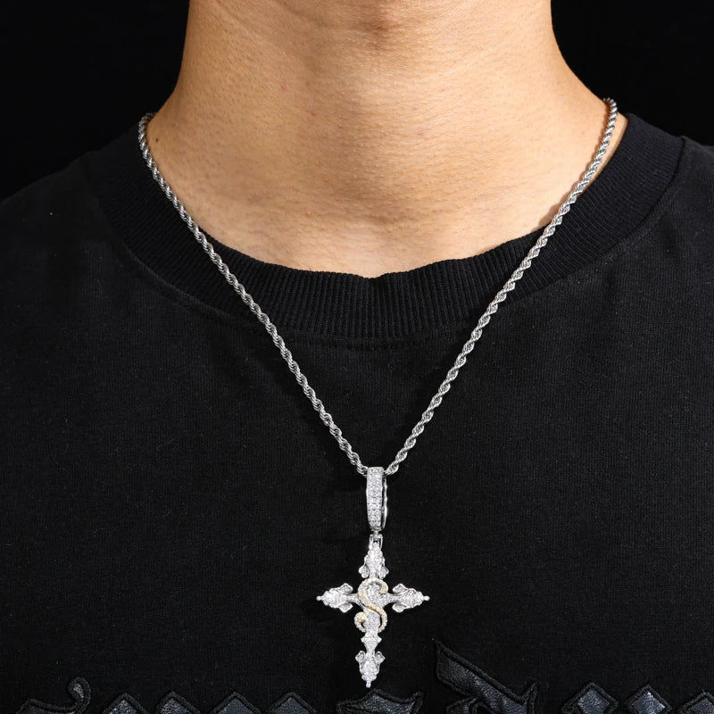 Iced Moissanite Cross Pendant Necklace, 925 Silver