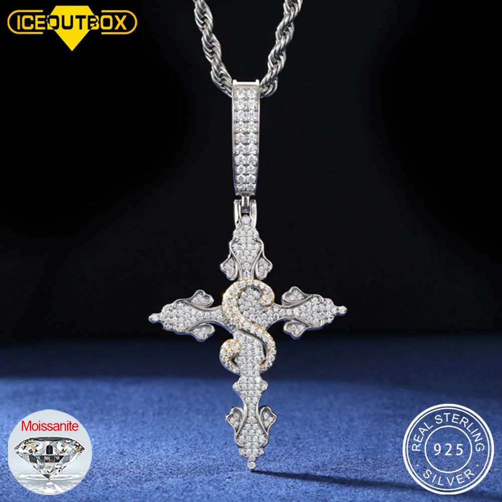 Iced Moissanite Cross Pendant Necklace, 925 Silver