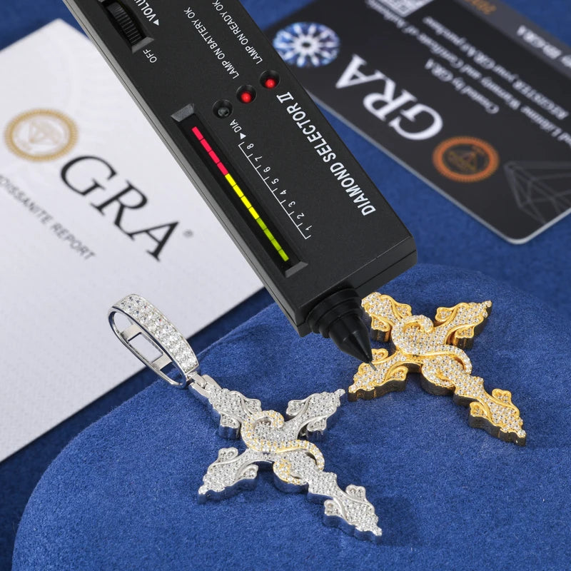 Iced Moissanite Cross Pendant Necklace, 925 Silver