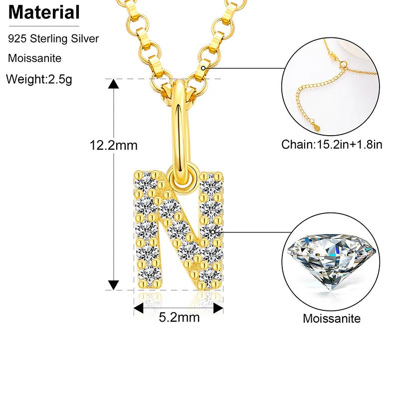 Initial Letter Moissanite Necklace, A to Z in 925 Silver