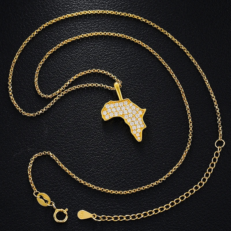 Africa Map Pendant Necklace, Moissanite in 925 Silver