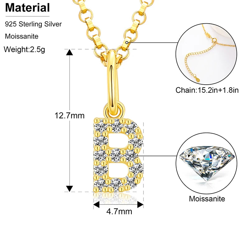 Initial Letter Moissanite Necklace, A to Z in 925 Silver