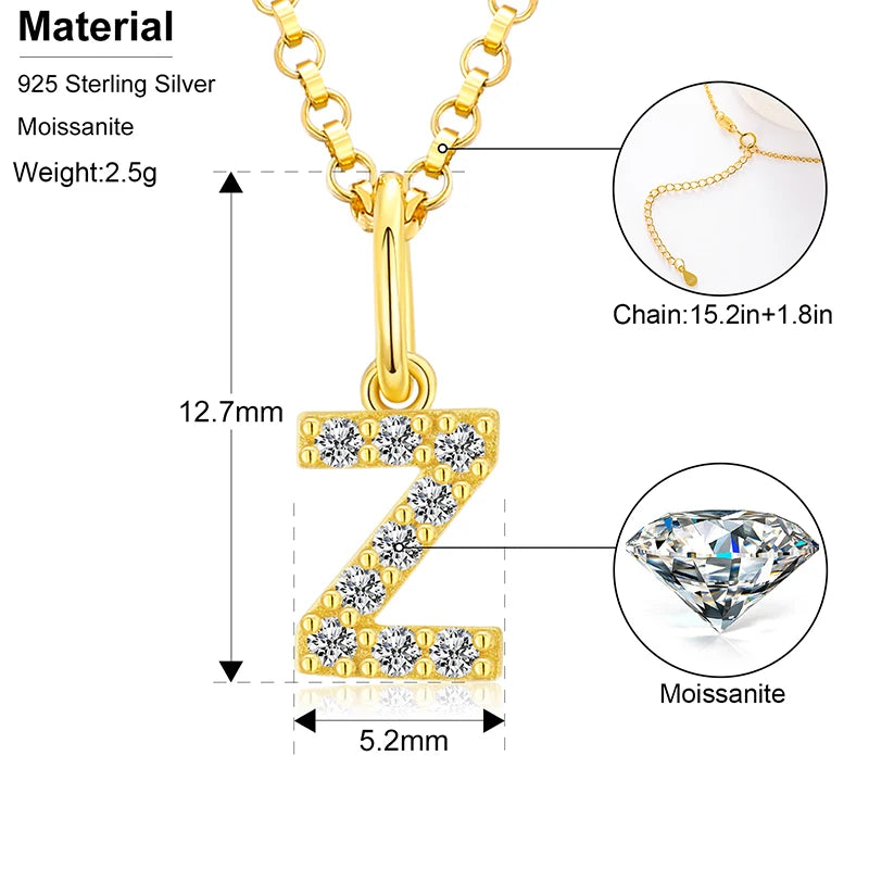 Initial Letter Moissanite Necklace, A to Z in 925 Silver