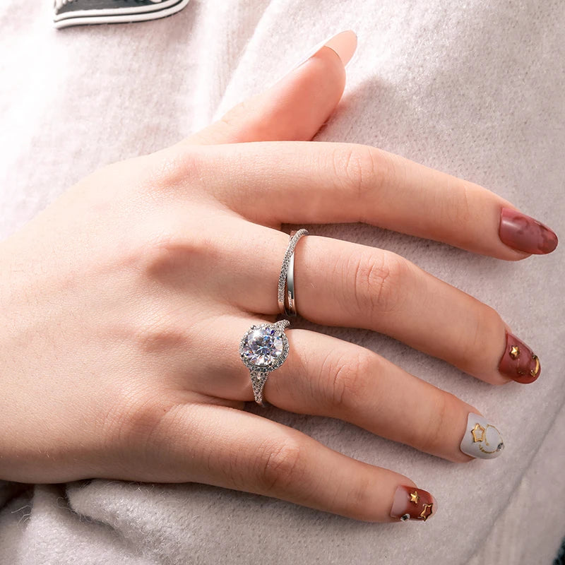 3ctw 9mm Round Moissanite Double Halo Ring, 925 Silver