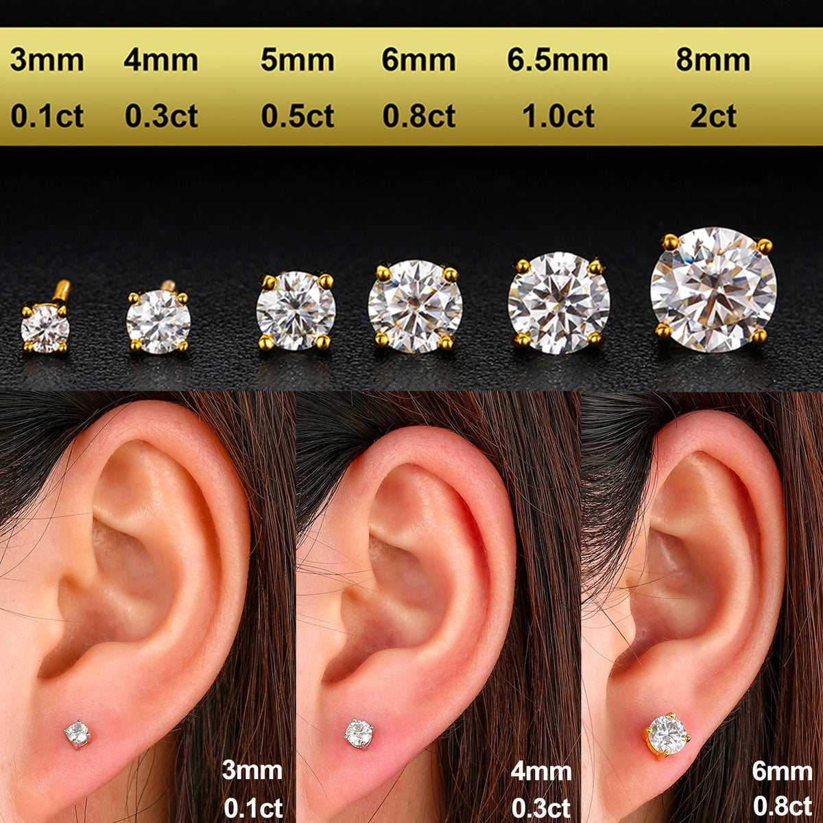 D Colour Moissanite Studs, 0.1ct to 1.5ct in 925 Silver