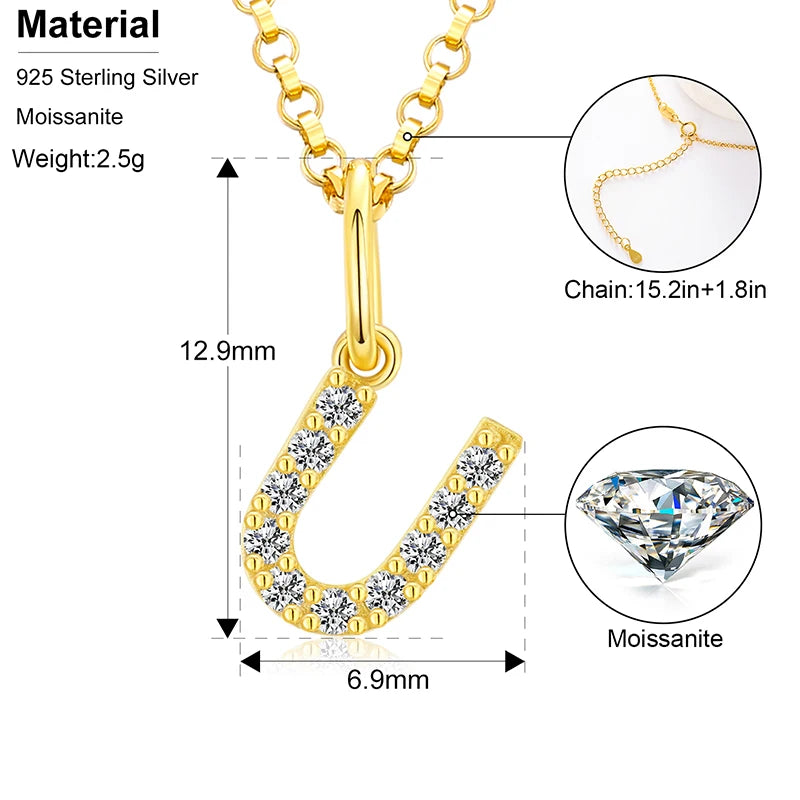 Initial Letter Moissanite Necklace, A to Z in 925 Silver