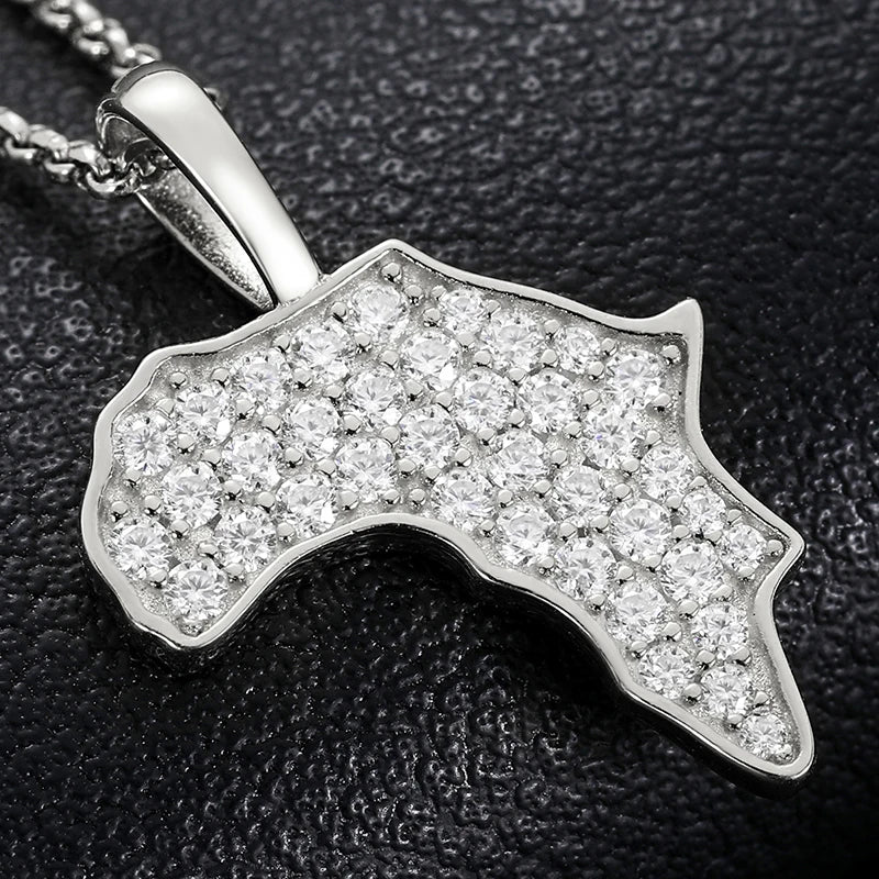 Africa Map Pendant Necklace, Moissanite in 925 Silver