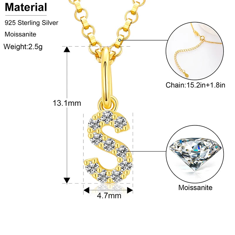 Initial Letter Moissanite Necklace, A to Z in 925 Silver