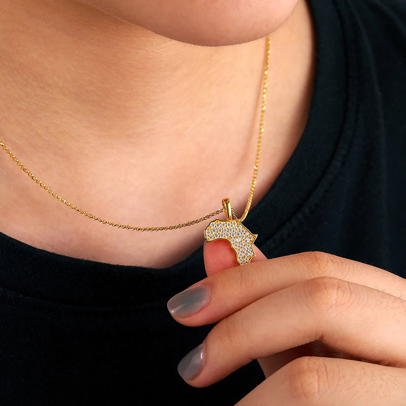 Africa Map Pendant Necklace, Moissanite in 925 Silver