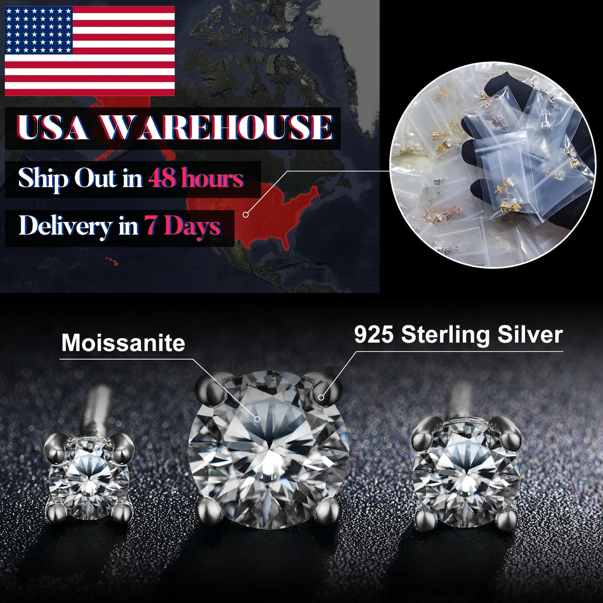 D Colour Moissanite Studs, 0.1ct to 1.5ct in 925 Silver