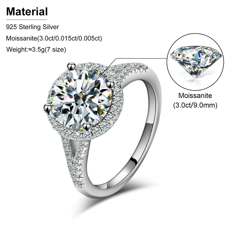 3ctw 9mm Round Moissanite Double Halo Ring, 925 Silver