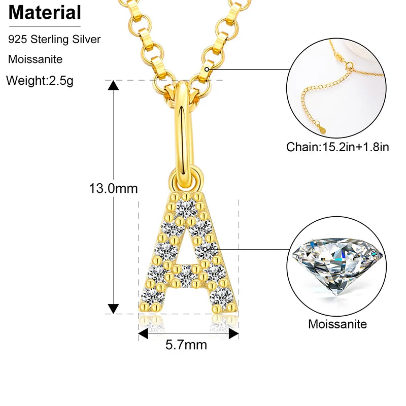 Initial Letter Moissanite Necklace, A to Z in 925 Silver
