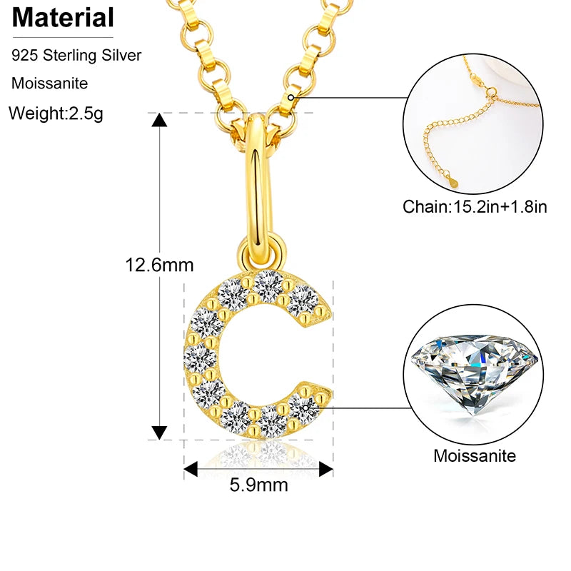 Initial Letter Moissanite Necklace, A to Z in 925 Silver
