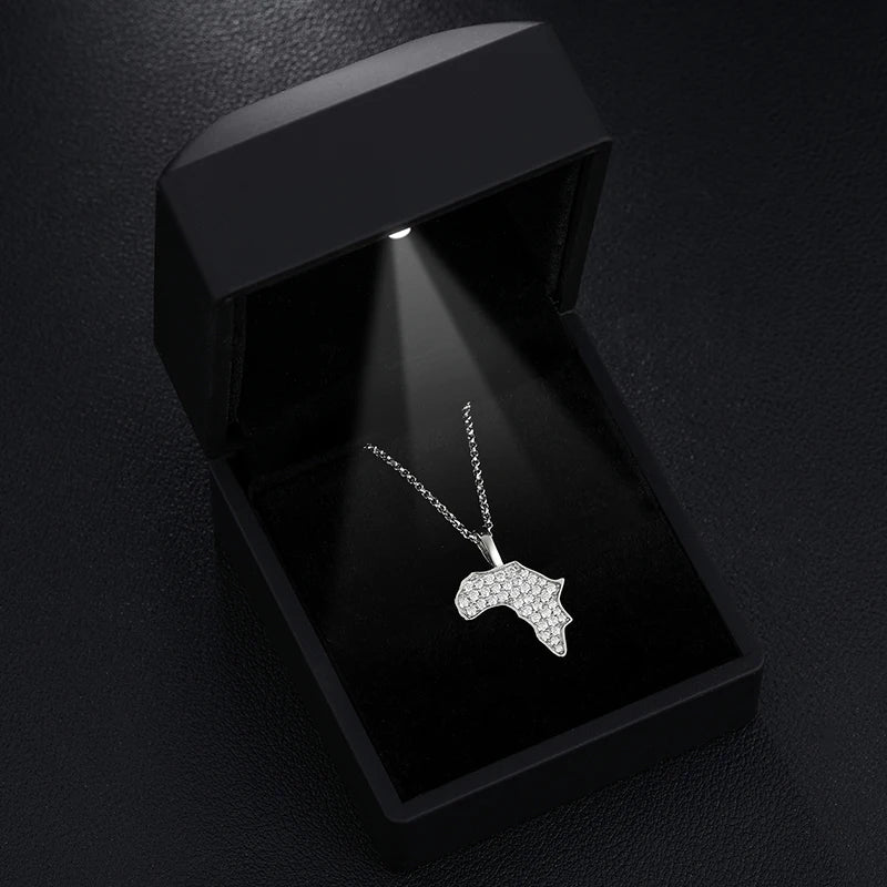 Africa Map Pendant Necklace, Moissanite in 925 Silver