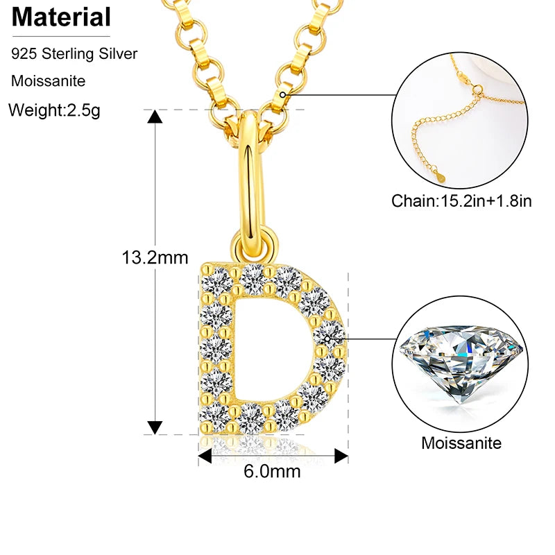 Initial Letter Moissanite Necklace, A to Z in 925 Silver