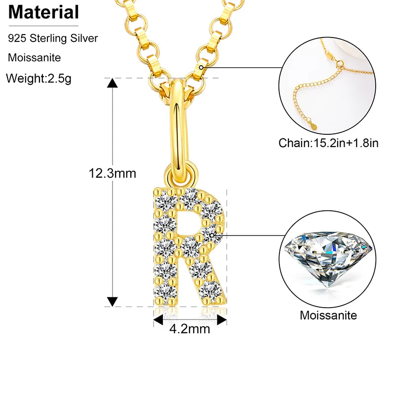 Initial Letter Moissanite Necklace, A to Z in 925 Silver