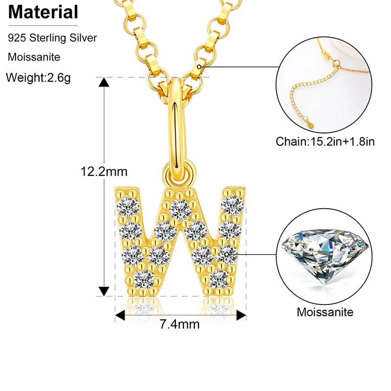 Initial Letter Moissanite Necklace, A to Z in 925 Silver