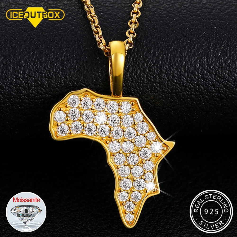 Africa Map Pendant Necklace, Moissanite in 925 Silver