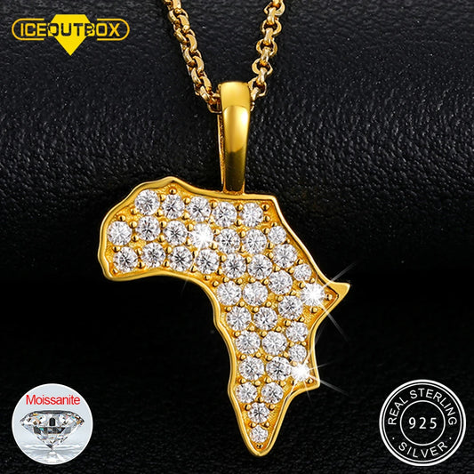 Africa Map Pendant Necklace, Moissanite in 925 Silver