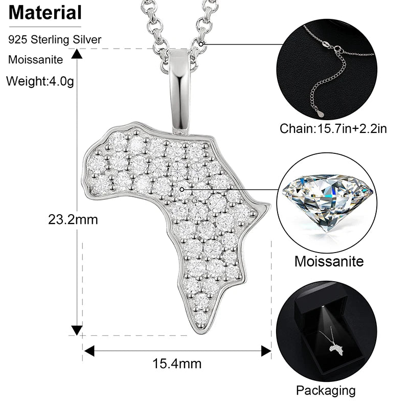 Africa Map Pendant Necklace, Moissanite in 925 Silver