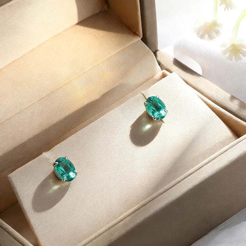 Oval Lab Emerald Stud Earrings, 1ct or 2ct, 18k Plated