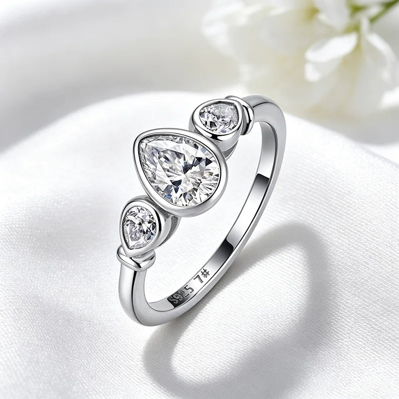 Three Stone Pear Moissanite Ring in Pure S925 Silver