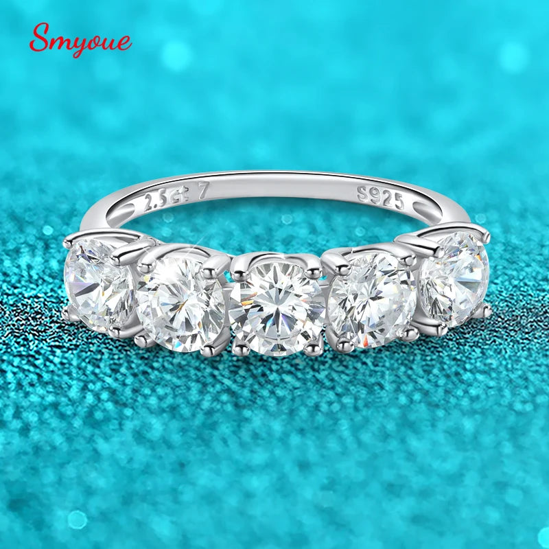 5 Stone Moissanite Ring, 2.5cttw or 5cttw in 925 Silver