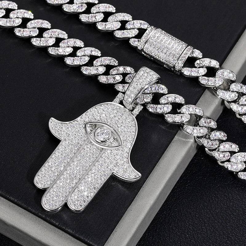 Hamsa Evil Eye Moissanite Pendant Necklace in 925 Silver