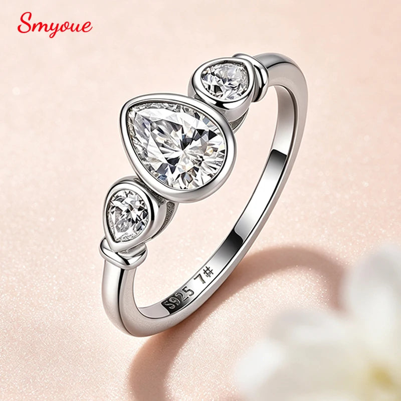 Three Stone Pear Moissanite Ring in Pure S925 Silver