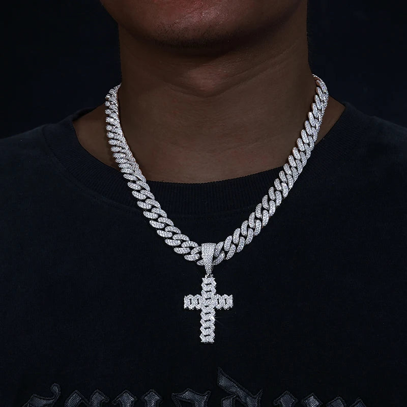12mm Cuban Cross Pendant Necklace, D VVS Moissanite