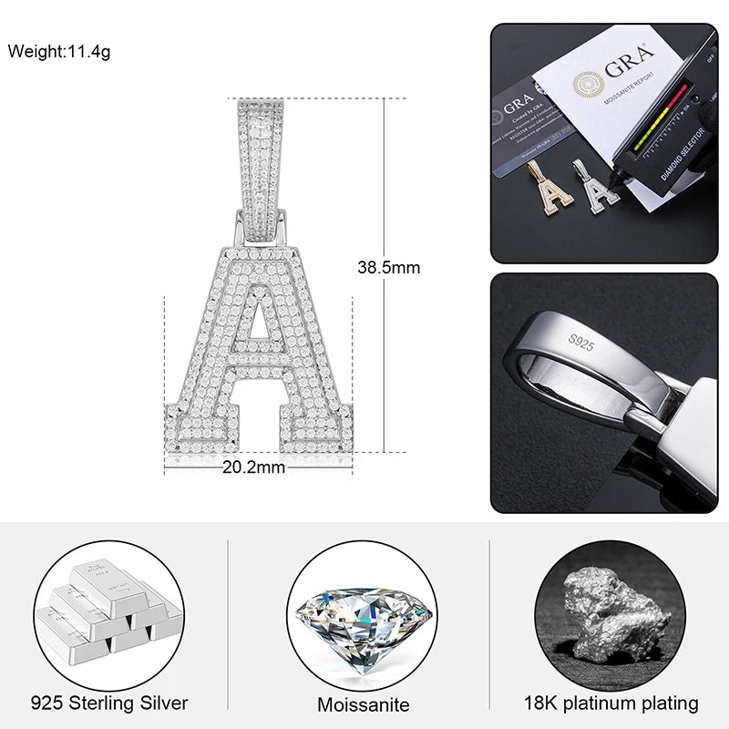 Moissanite Initial Letter Pendant, A to Z, Iced Out