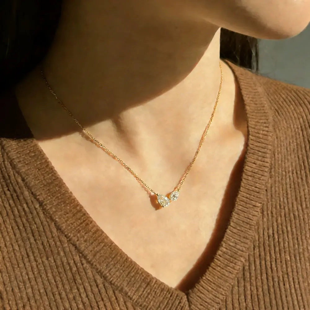 Pear Moissanite Two Stone Pendant Necklace, 45cm