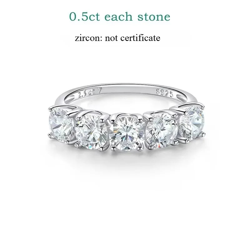 5 Stone Moissanite Ring, 2.5cttw or 5cttw in 925 Silver