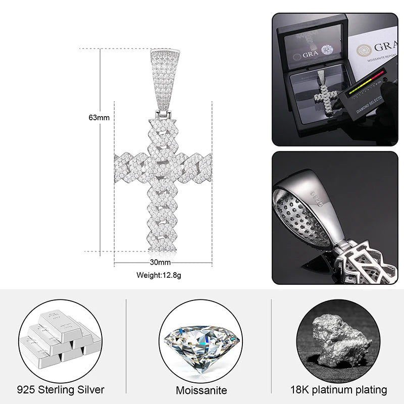 12mm Cuban Cross Pendant Necklace, D VVS Moissanite