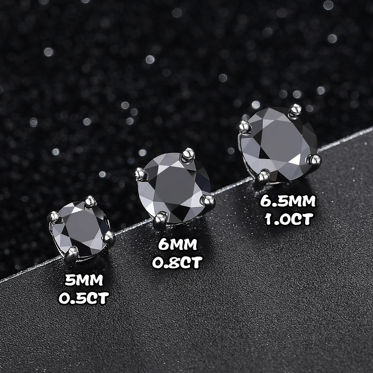 Black Moissanite Stud Earrings, 0.5ct to 2ct, 925 Silver