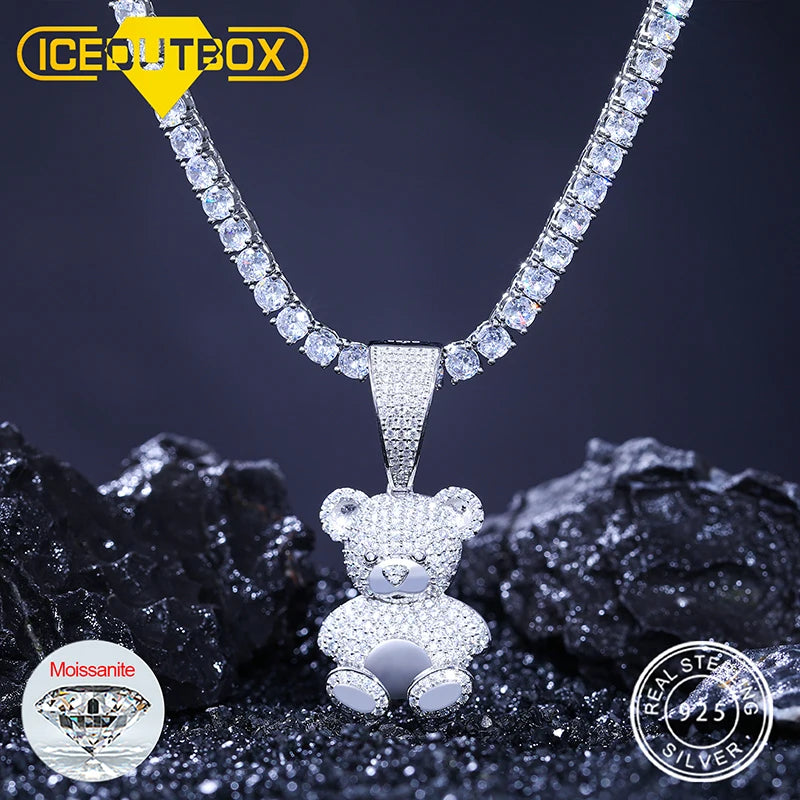 Moissanite Bear Pendant Necklace with Tennis Chain