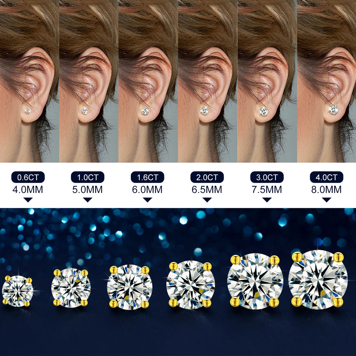 Moissanite Stud Earrings, 3mm to 10mm Screw Back