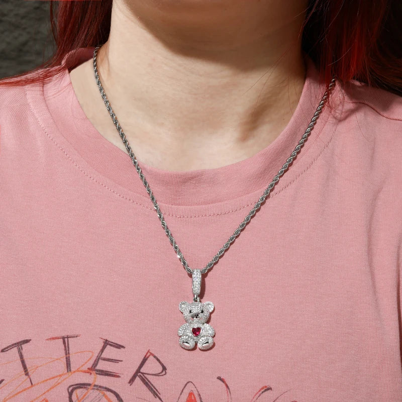 Moissanite Heart Bear Pendant Necklace, 925 Silver