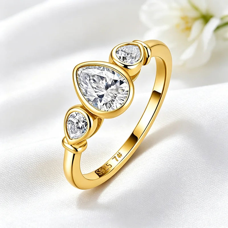 Three Stone Pear Moissanite Ring in Pure S925 Silver