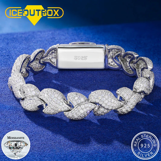Iced Out Leaf Cuban Link Bracelet in 925 Silver