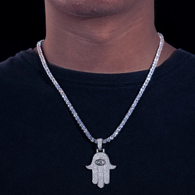 Hamsa Evil Eye Moissanite Pendant Necklace in 925 Silver